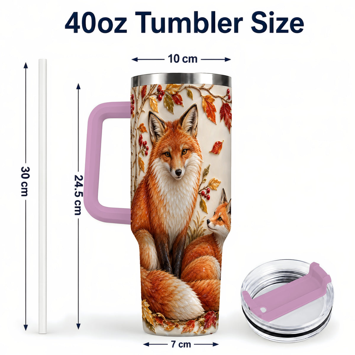 #pl[40oz|Pink] Autumn Fox 40oz Tumbler with Handle, Botanical Woodland Travel Cup