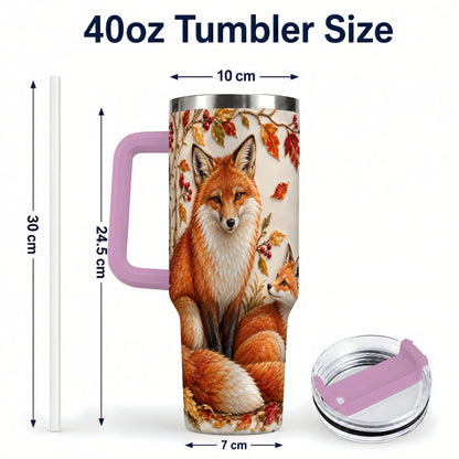 #pl[40oz|Pink] Autumn Fox 40oz Tumbler with Handle, Botanical Woodland Travel Cup
