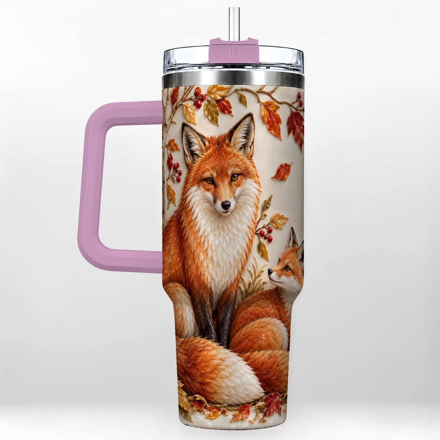 #pl[40oz|Pink] Autumn Fox 40oz Tumbler with Handle, Botanical Woodland Travel Cup