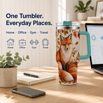 #pl[40oz|Green] Autumn Fox 40oz Tumbler with Handle, Botanical Woodland Travel Cup