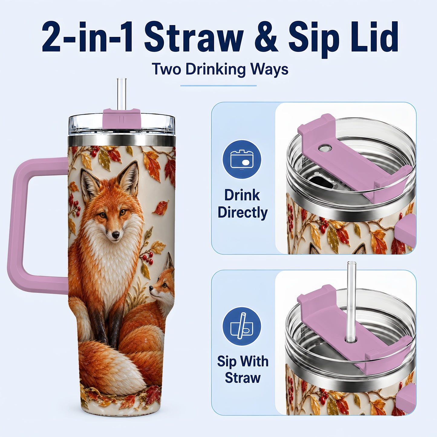 #pl[40oz|Pink] Autumn Fox 40oz Tumbler with Handle, Botanical Woodland Travel Cup