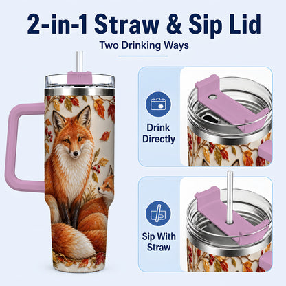 #pl[40oz|Pink] Autumn Fox 40oz Tumbler with Handle, Botanical Woodland Travel Cup