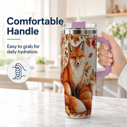#pl[40oz|Pink] Autumn Fox 40oz Tumbler with Handle, Botanical Woodland Travel Cup