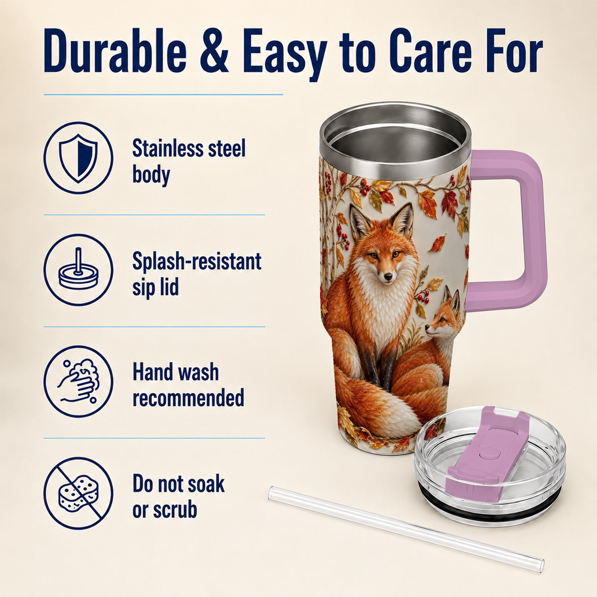 #pl[40oz|Pink] Autumn Fox 40oz Tumbler with Handle, Botanical Woodland Travel Cup