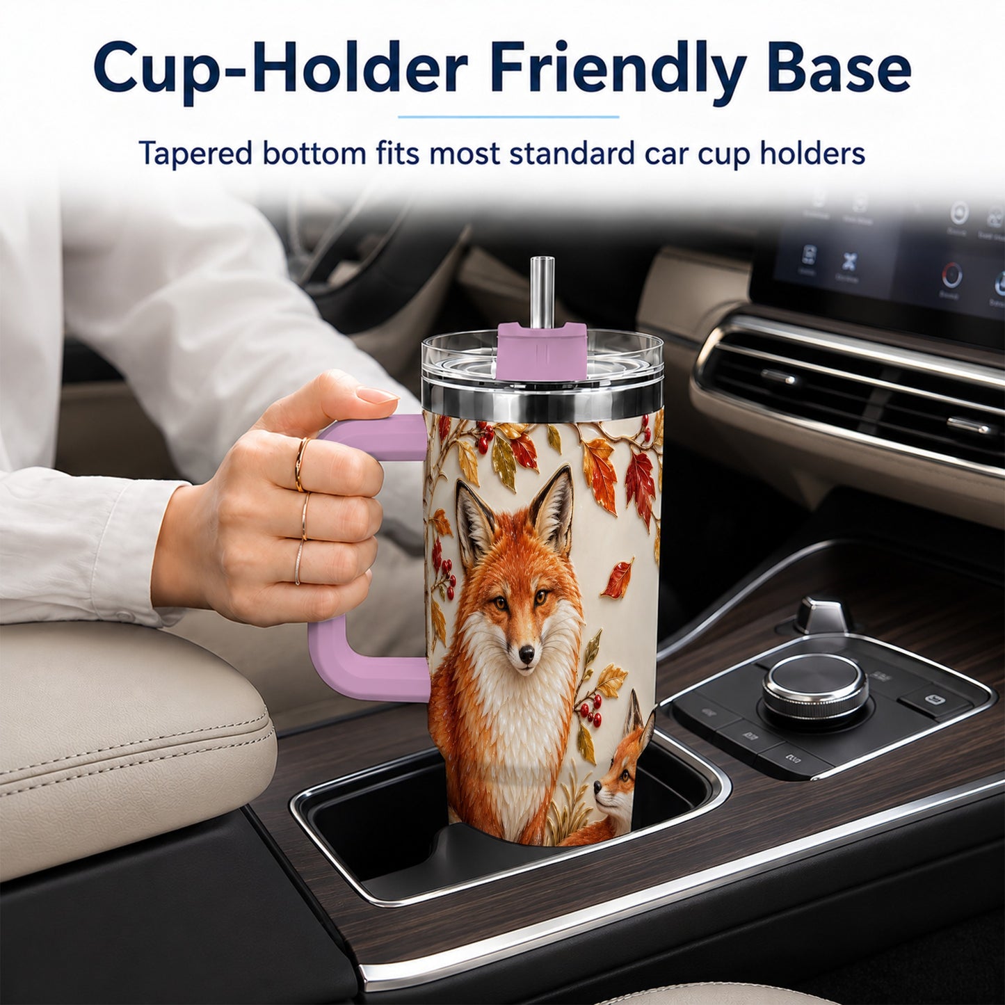 #pl[40oz|Pink] Autumn Fox 40oz Tumbler with Handle, Botanical Woodland Travel Cup