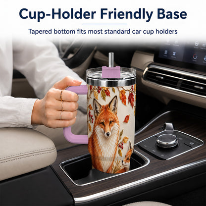 #pl[40oz|Pink] Autumn Fox 40oz Tumbler with Handle, Botanical Woodland Travel Cup
