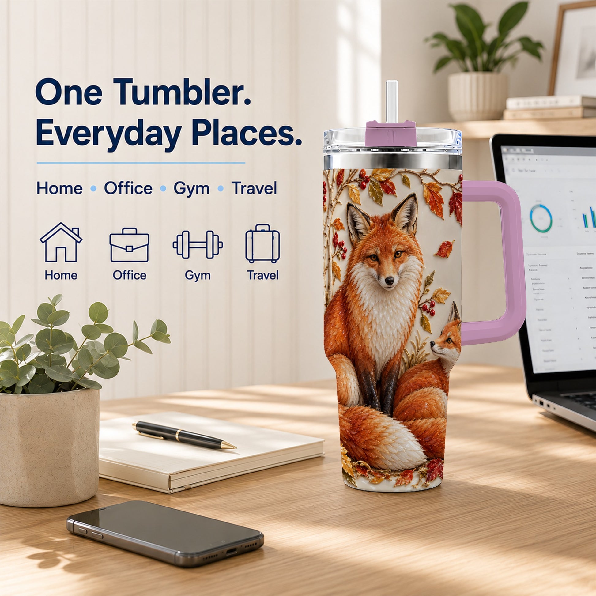 #pl[40oz|Pink] Autumn Fox 40oz Tumbler with Handle, Botanical Woodland Travel Cup