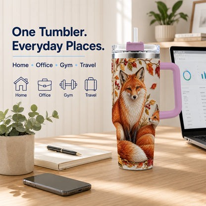 #pl[40oz|Pink] Autumn Fox 40oz Tumbler with Handle, Botanical Woodland Travel Cup