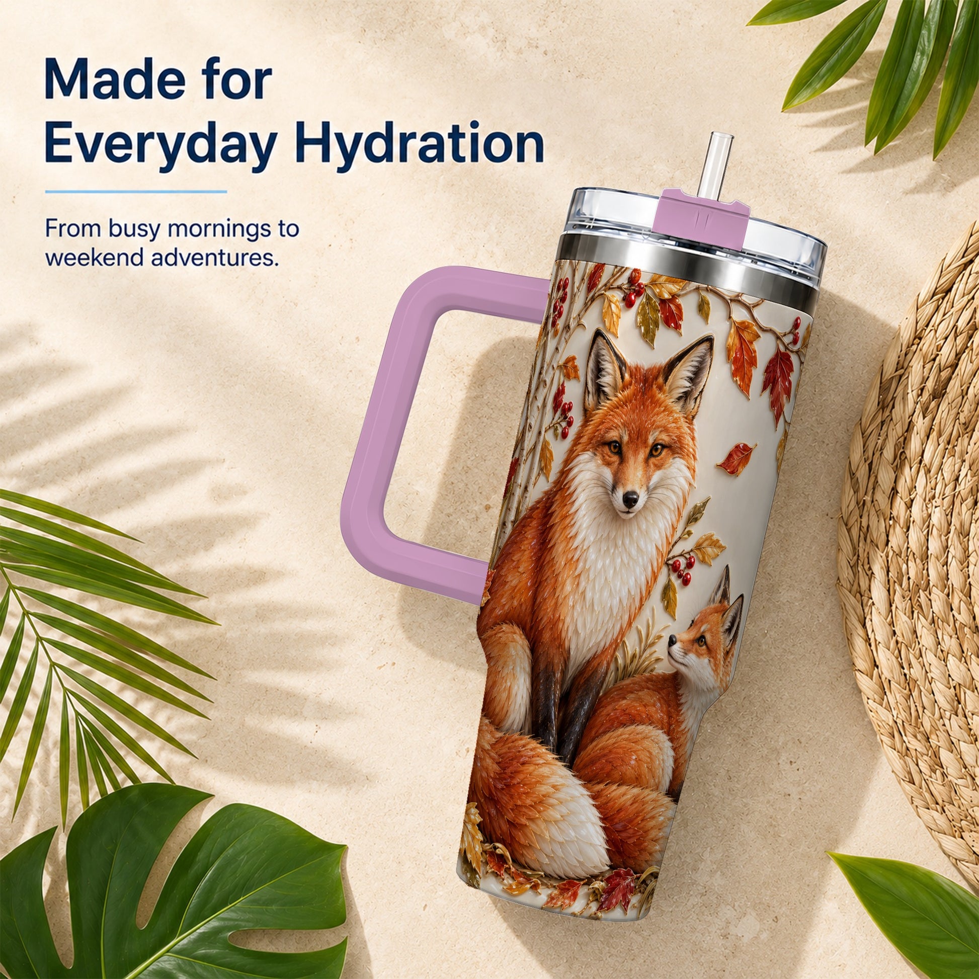 #pl[40oz|Pink] Autumn Fox 40oz Tumbler with Handle, Botanical Woodland Travel Cup