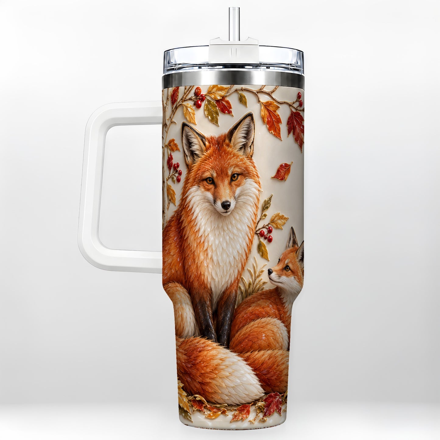 Autumn Fox 40oz Tumbler with Handle, Botanical Woodland Travel Cup