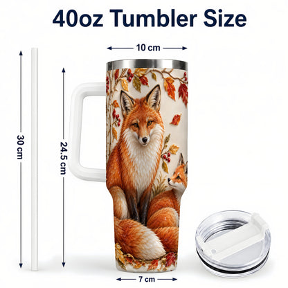 #pl[40oz|White] Autumn Fox 40oz Tumbler with Handle, Botanical Woodland Travel Cup