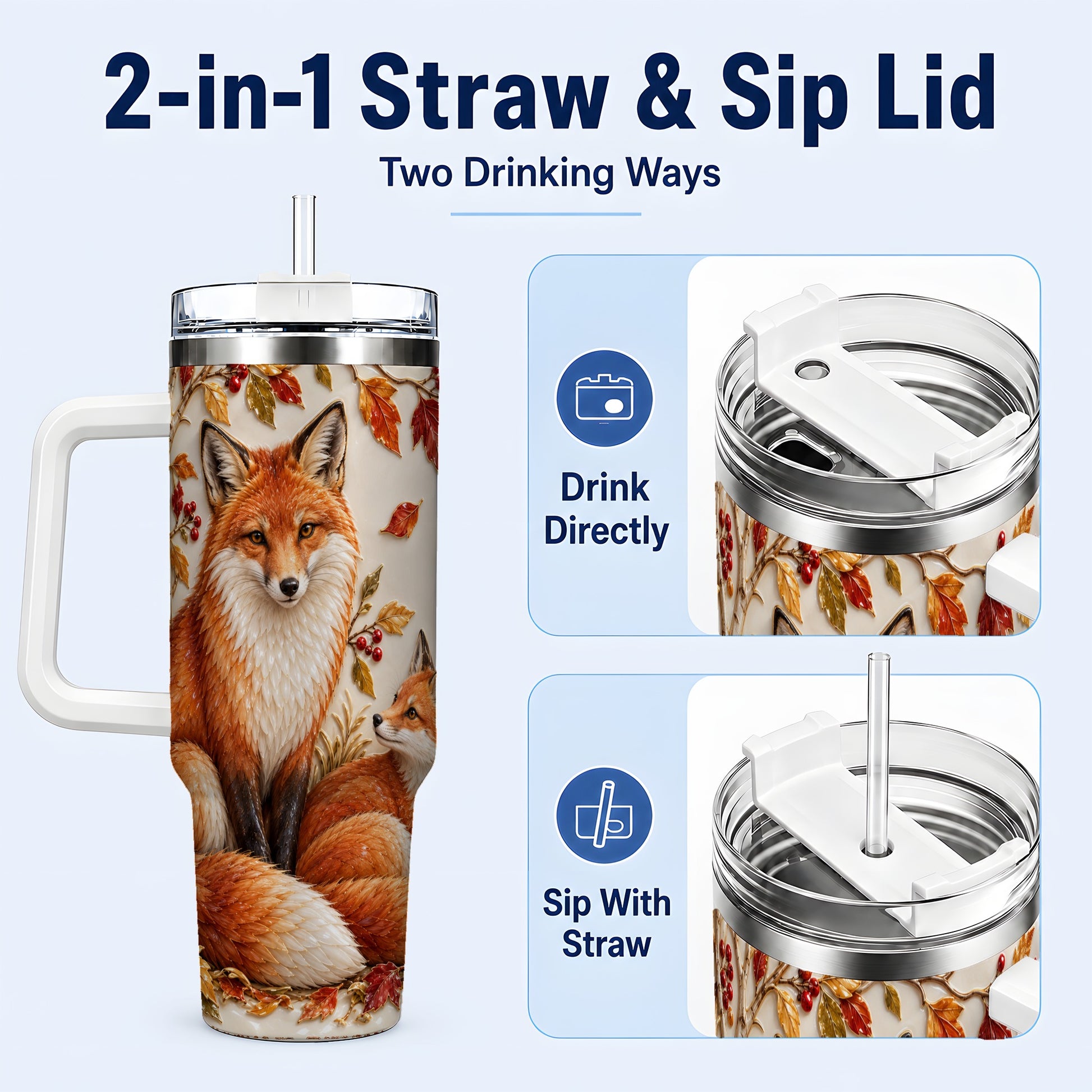 #pl[40oz|White] Autumn Fox 40oz Tumbler with Handle, Botanical Woodland Travel Cup