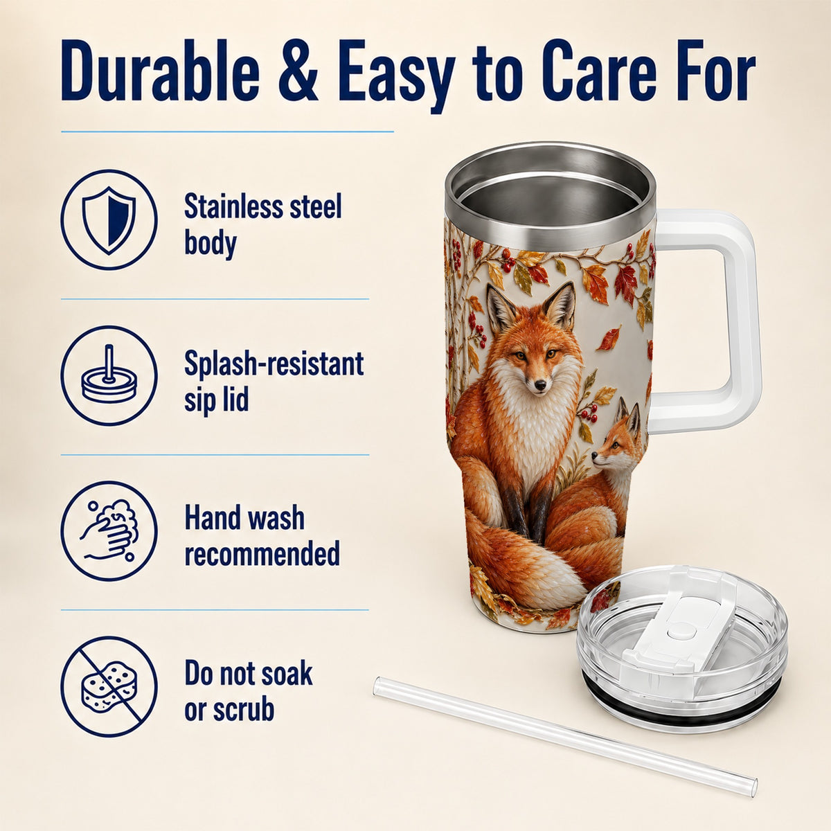 #pl[40oz|White] Autumn Fox 40oz Tumbler with Handle, Botanical Woodland Travel Cup