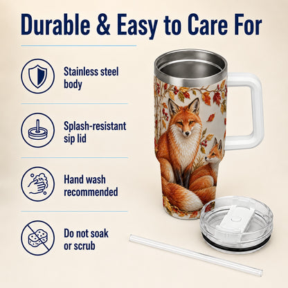 #pl[40oz|White] Autumn Fox 40oz Tumbler with Handle, Botanical Woodland Travel Cup