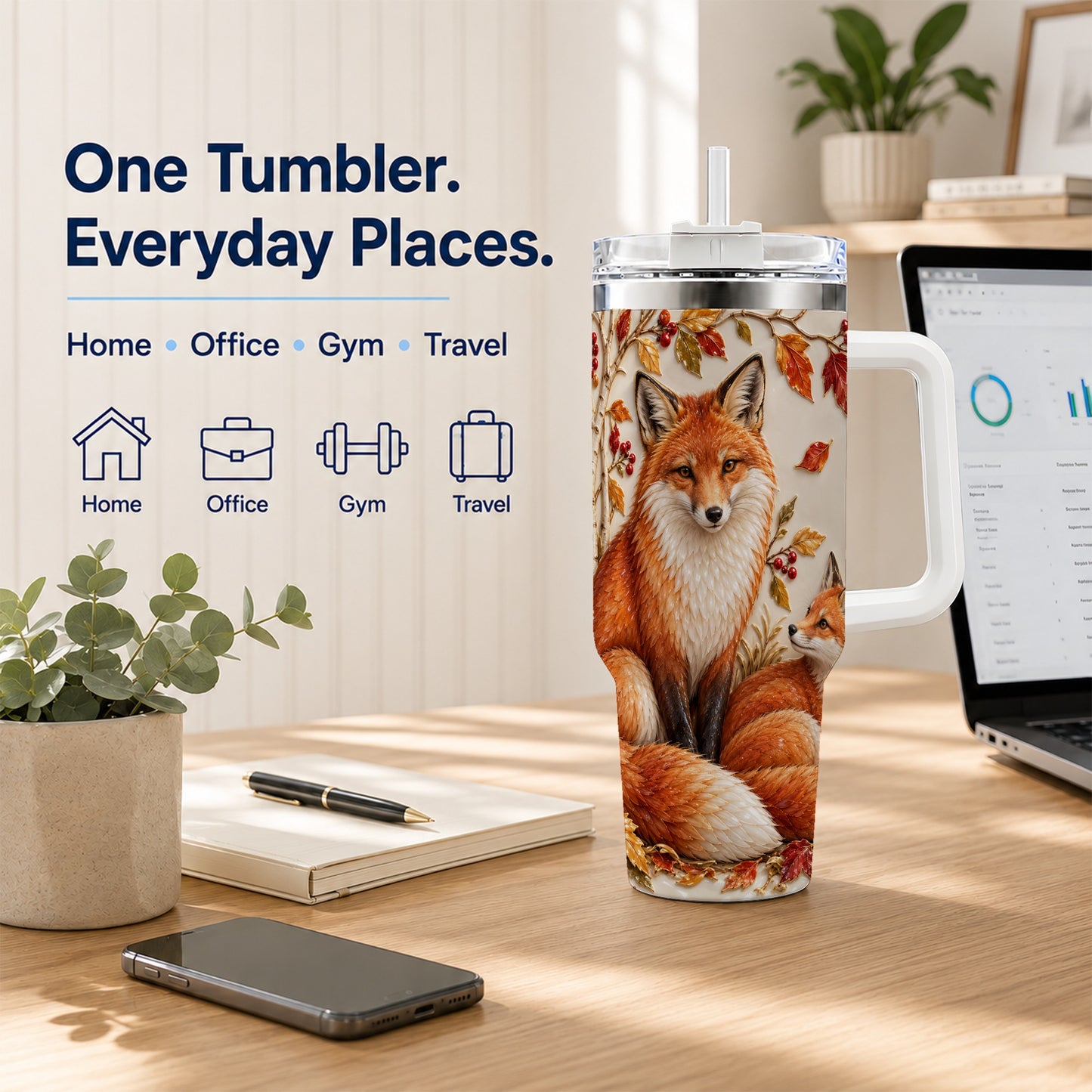 #pl[40oz|White] Autumn Fox 40oz Tumbler with Handle, Botanical Woodland Travel Cup