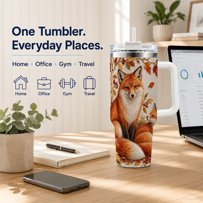 #pl[40oz|White] Autumn Fox 40oz Tumbler with Handle, Botanical Woodland Travel Cup