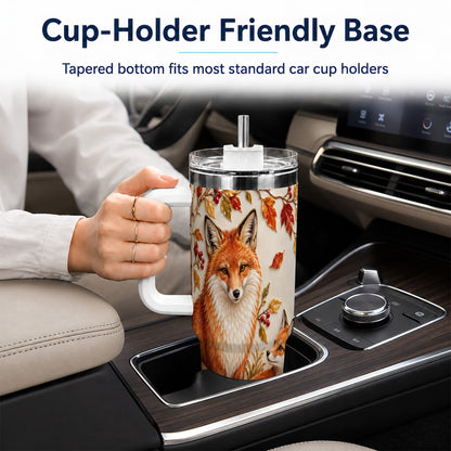 #pl[40oz|White] Autumn Fox 40oz Tumbler with Handle, Botanical Woodland Travel Cup