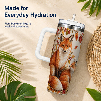 #pl[40oz|White] Autumn Fox 40oz Tumbler with Handle, Botanical Woodland Travel Cup