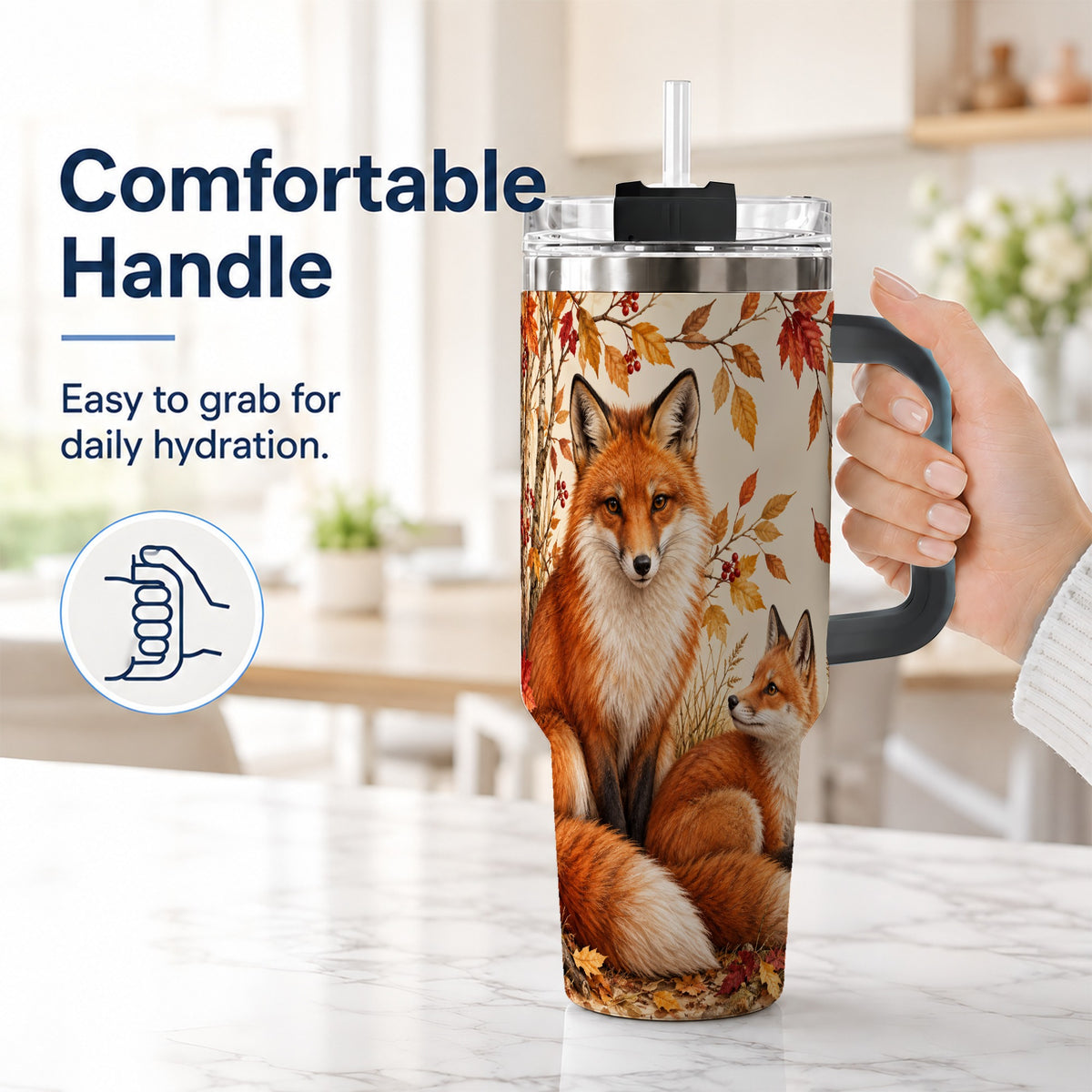 #pl[40oz|Black] Autumn Fox 40oz Tumbler, Woodland Tumbler, Stainless Steel Travel Cup