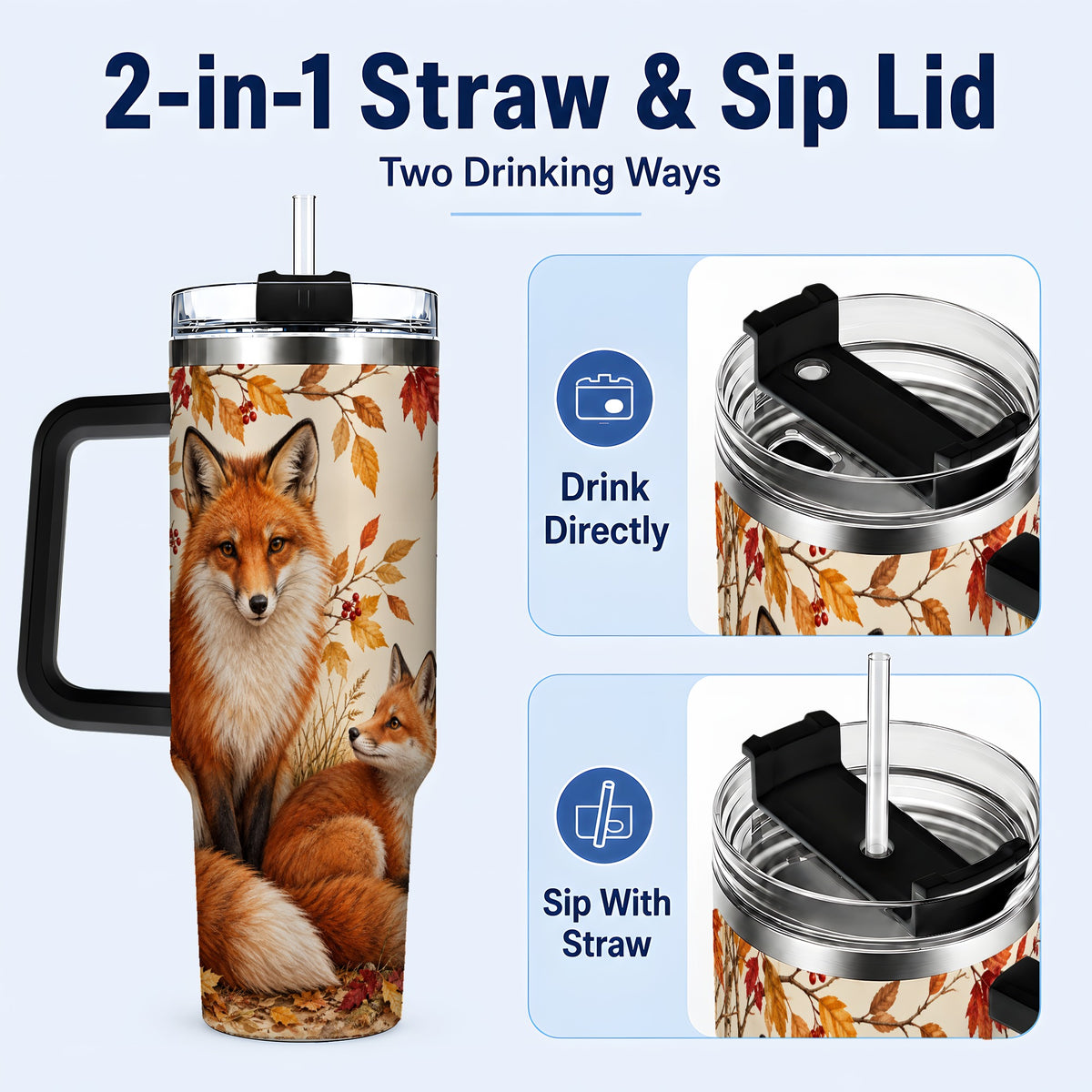 #pl[40oz|Black] Autumn Fox 40oz Tumbler, Woodland Tumbler, Stainless Steel Travel Cup