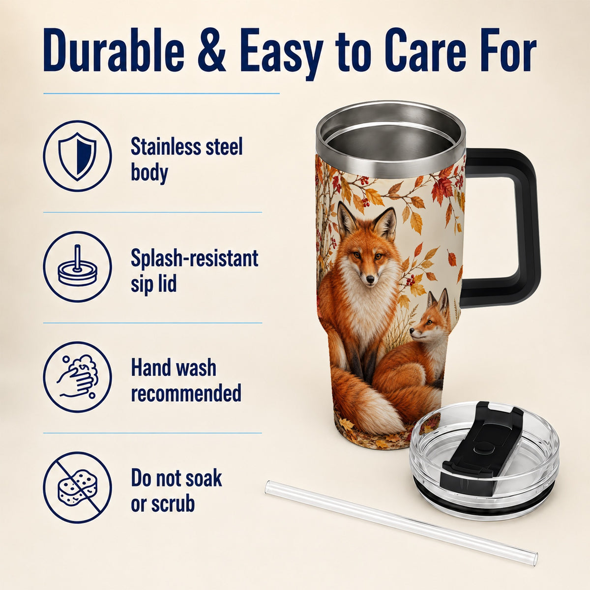 #pl[40oz|Black] Autumn Fox 40oz Tumbler, Woodland Tumbler, Stainless Steel Travel Cup