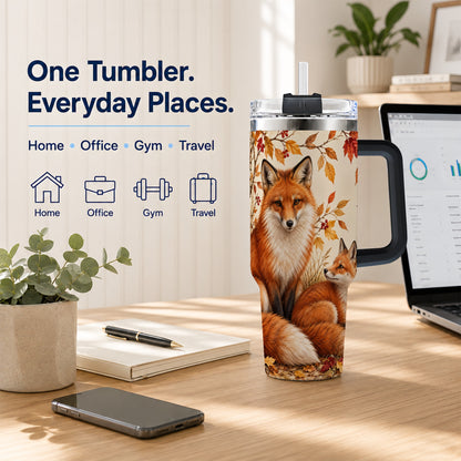 #pl[40oz|Black] Autumn Fox 40oz Tumbler, Woodland Tumbler, Stainless Steel Travel Cup