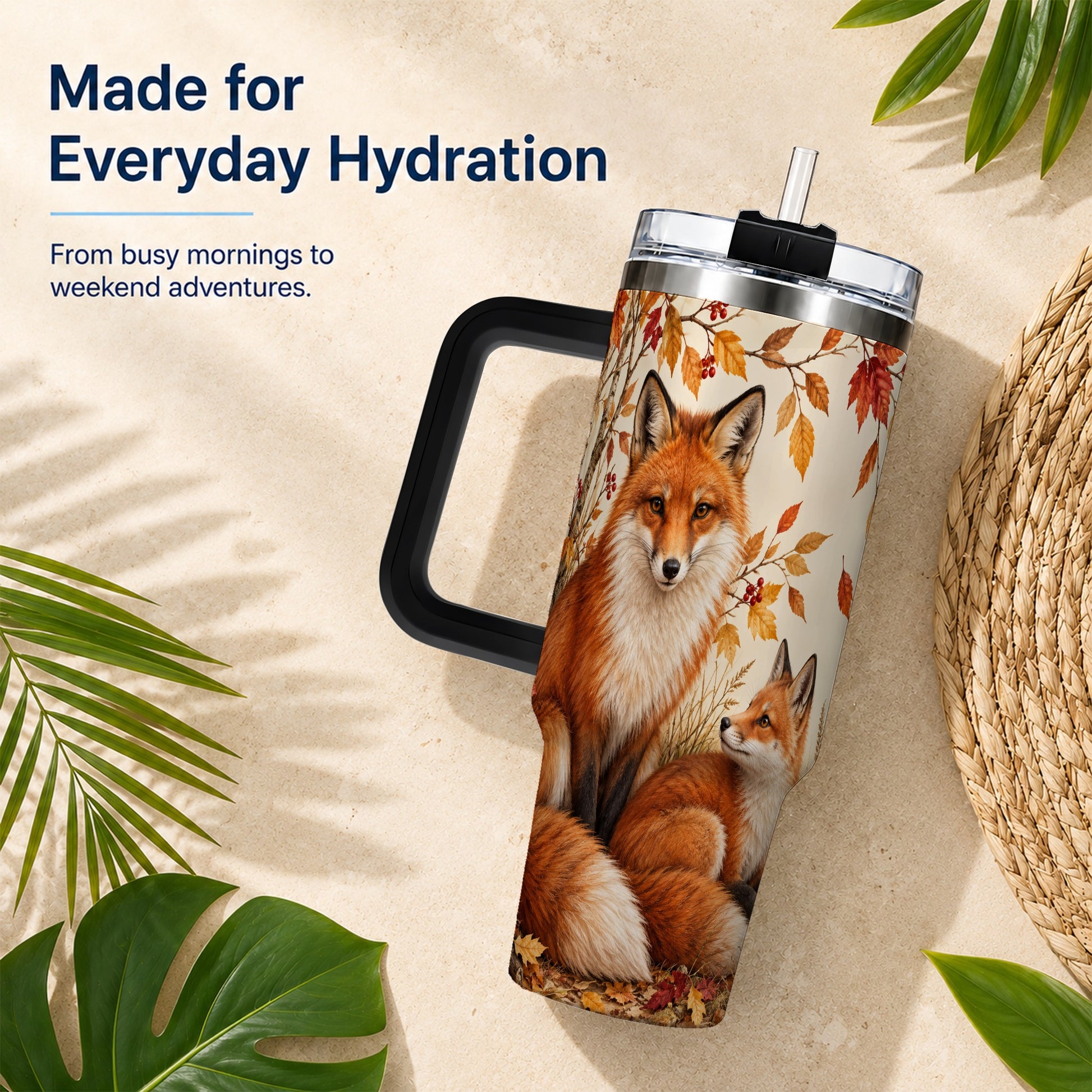 #pl[40oz|Black] Autumn Fox 40oz Tumbler, Woodland Tumbler, Stainless Steel Travel Cup