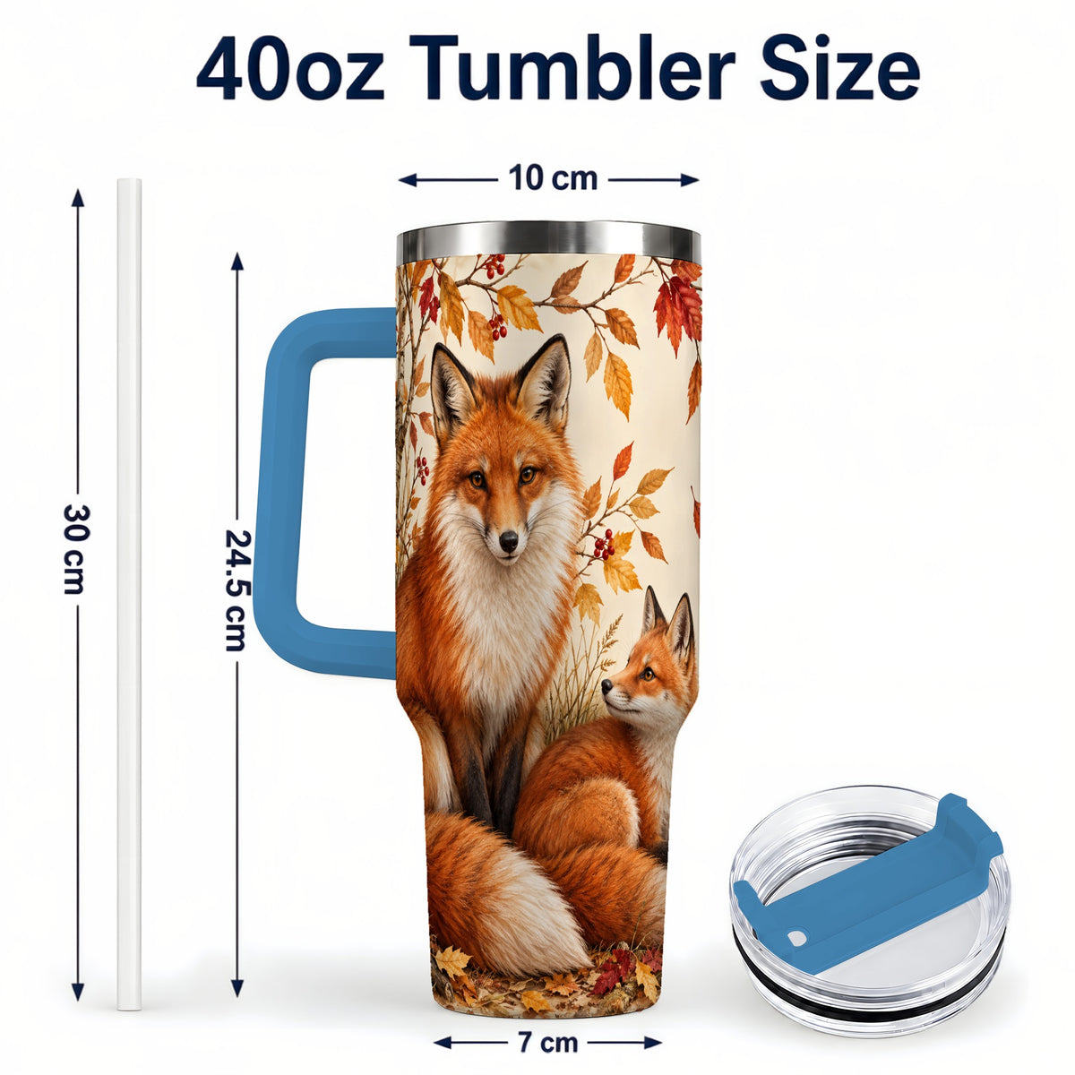 #pl[40oz|Blue] Autumn Fox 40oz Tumbler, Woodland Tumbler, Stainless Steel Travel Cup