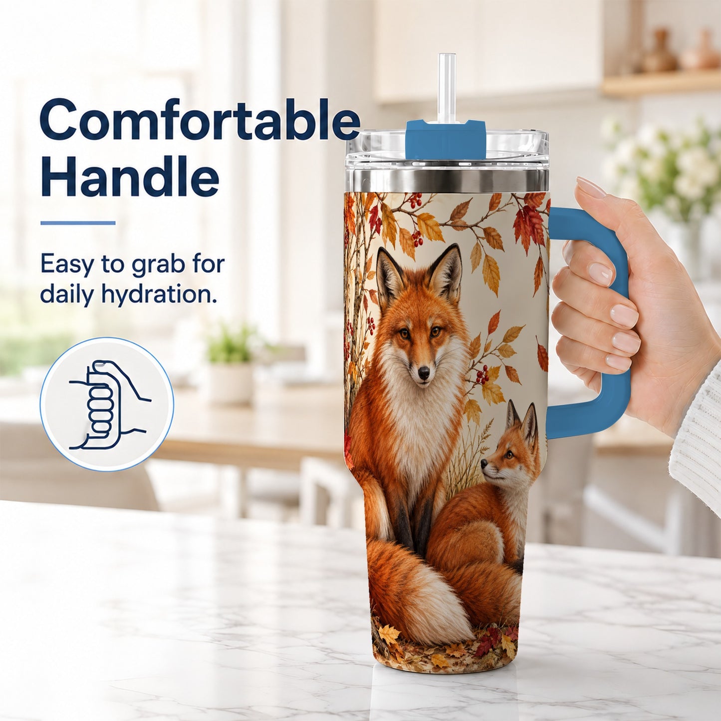 #pl[40oz|Blue] Autumn Fox 40oz Tumbler, Woodland Tumbler, Stainless Steel Travel Cup