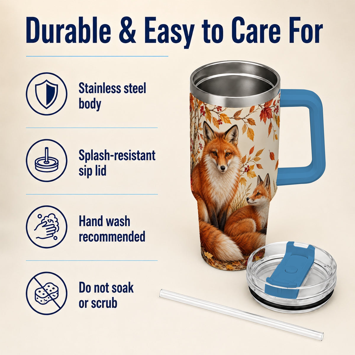 #pl[40oz|Blue] Autumn Fox 40oz Tumbler, Woodland Tumbler, Stainless Steel Travel Cup