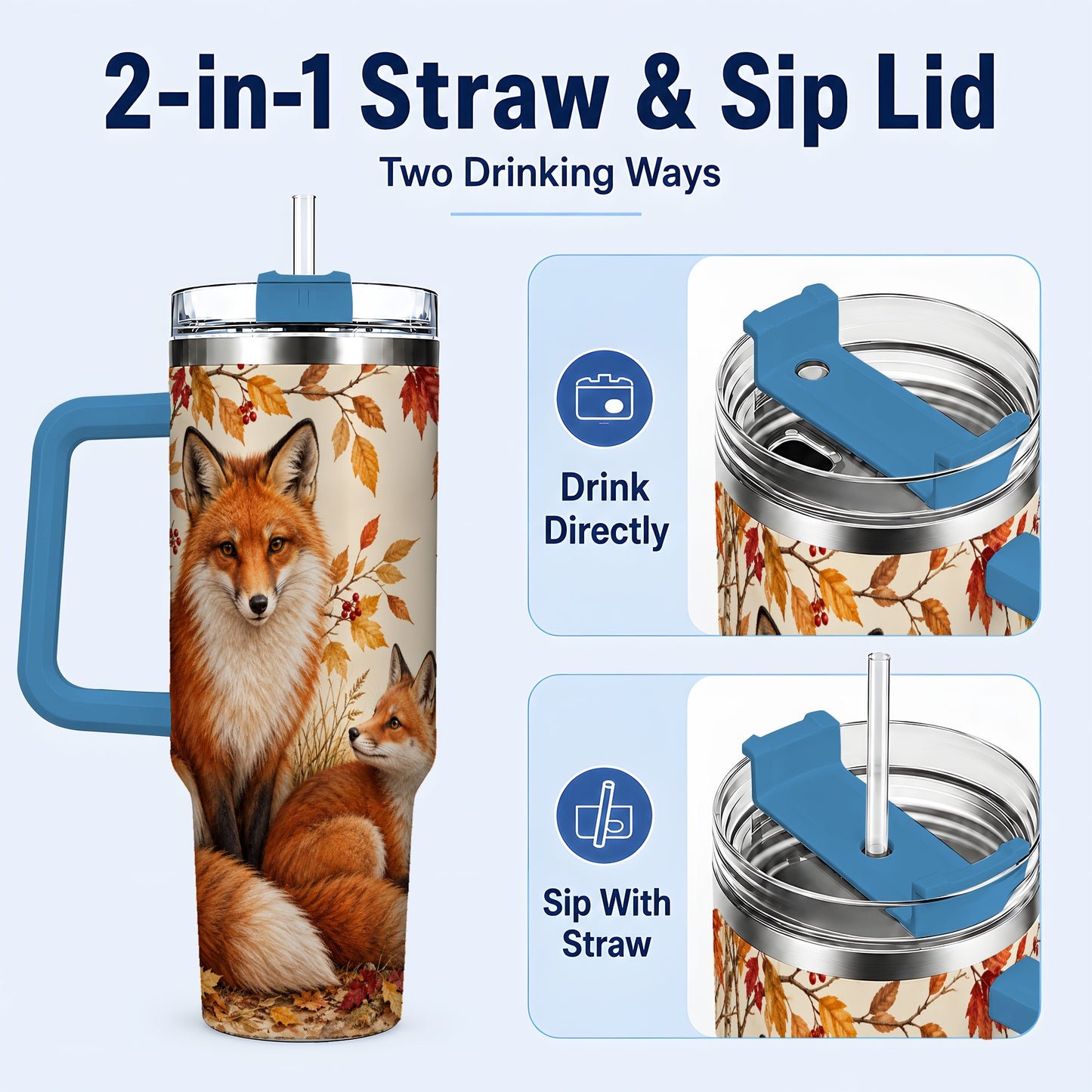 #pl[40oz|Blue] Autumn Fox 40oz Tumbler, Woodland Tumbler, Stainless Steel Travel Cup