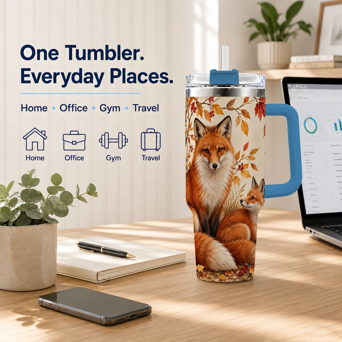 #pl[40oz|Blue] Autumn Fox 40oz Tumbler, Woodland Tumbler, Stainless Steel Travel Cup