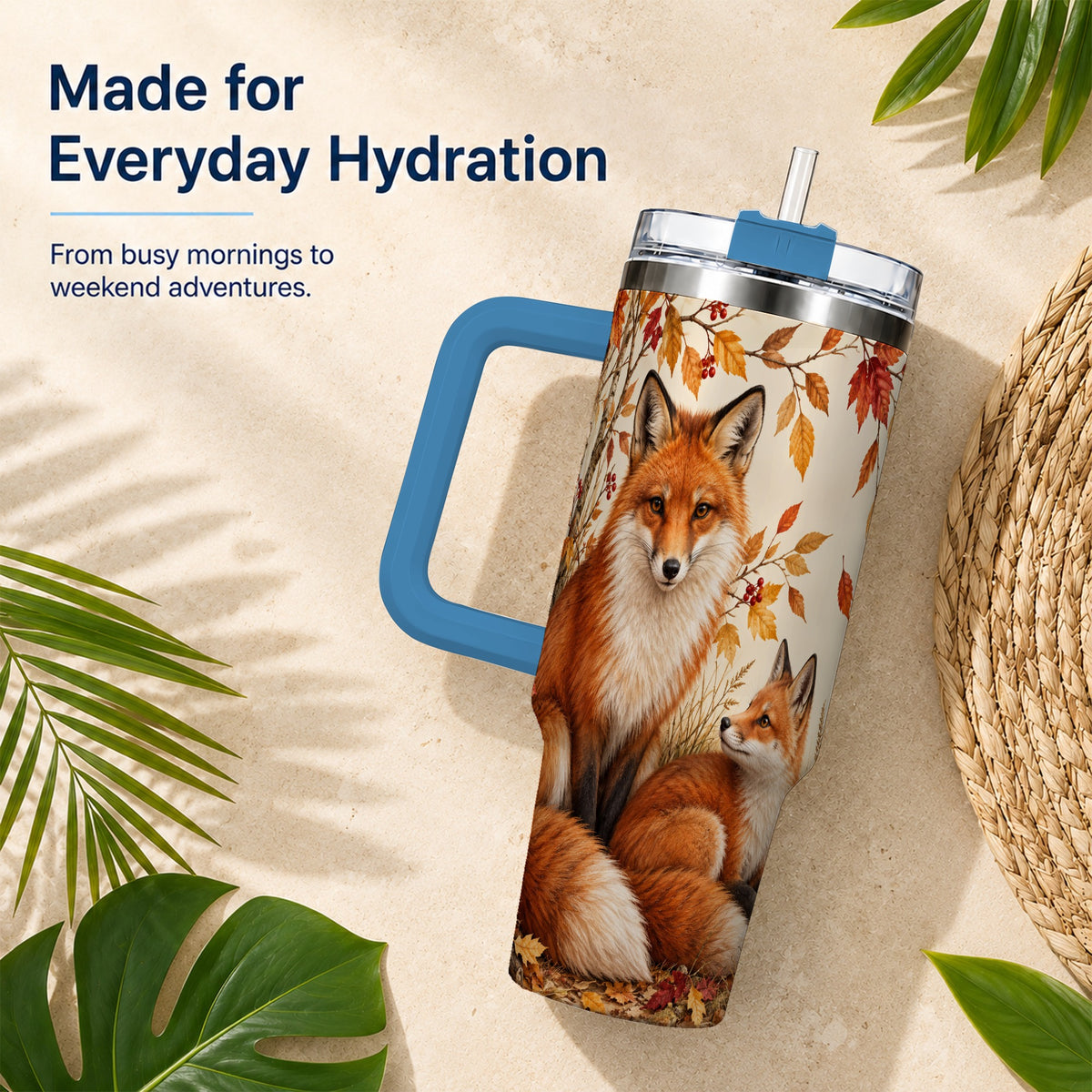 #pl[40oz|Blue] Autumn Fox 40oz Tumbler, Woodland Tumbler, Stainless Steel Travel Cup
