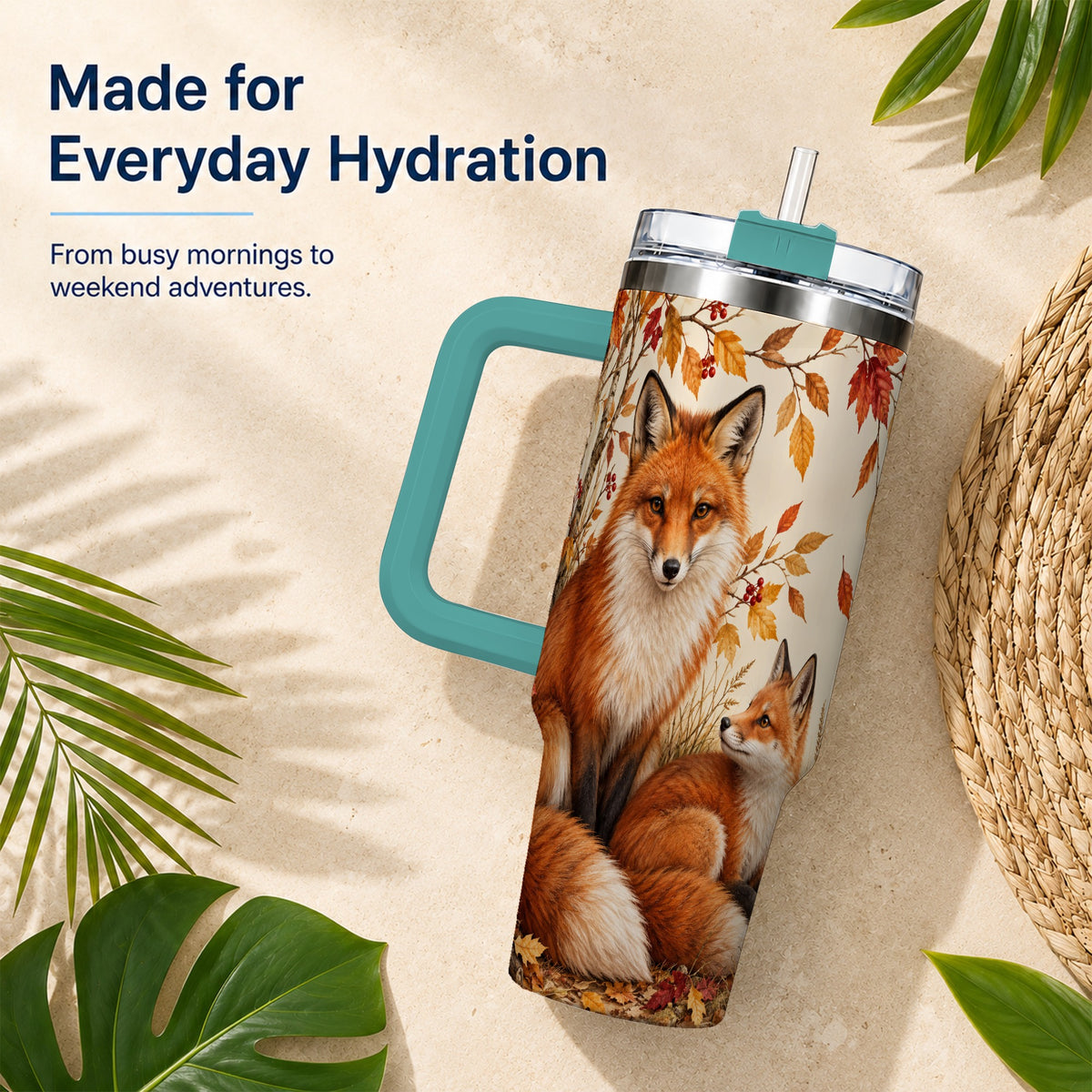 #pl[40oz|Green] Autumn Fox 40oz Tumbler, Woodland Tumbler, Stainless Steel Travel Cup
