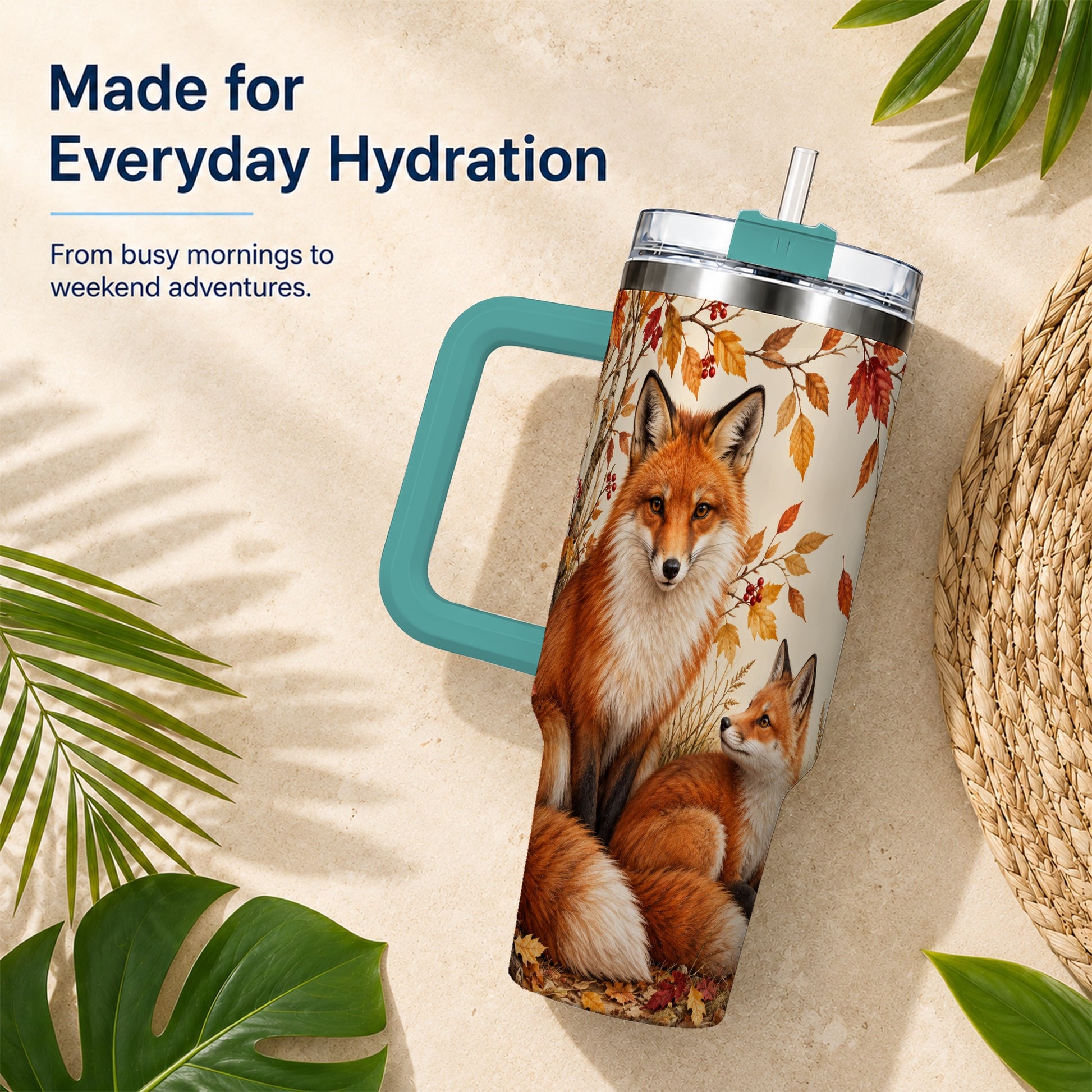 #pl[40oz|Green] Autumn Fox 40oz Tumbler, Woodland Tumbler, Stainless Steel Travel Cup