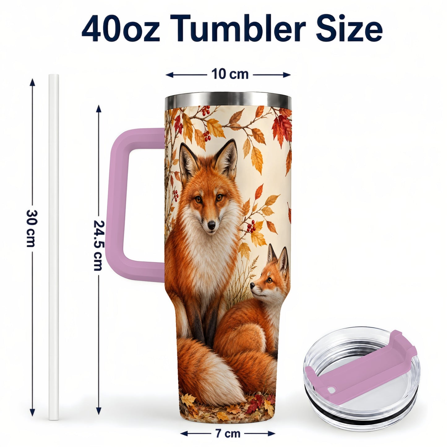 #pl[40oz|Pink] Autumn Fox 40oz Tumbler, Woodland Tumbler, Stainless Steel Travel Cup