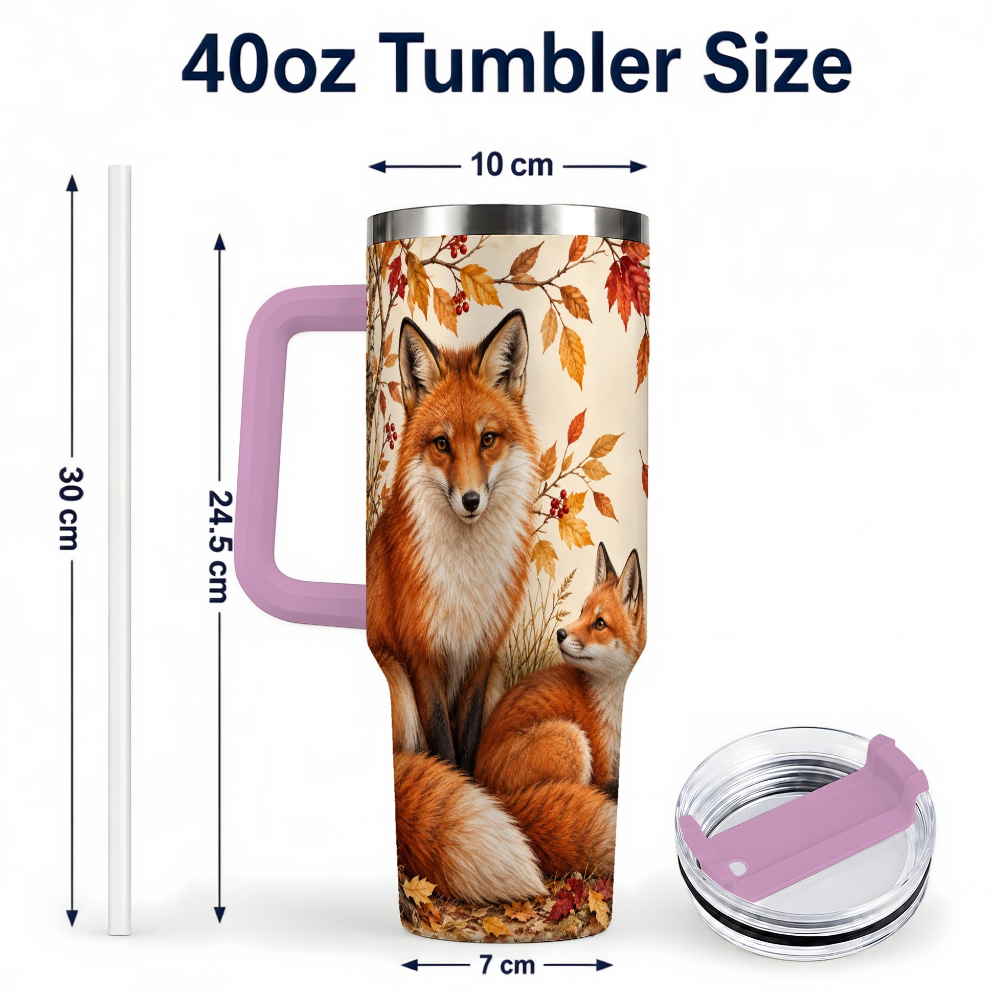 #pl[40oz|Pink] Autumn Fox 40oz Tumbler, Woodland Tumbler, Stainless Steel Travel Cup