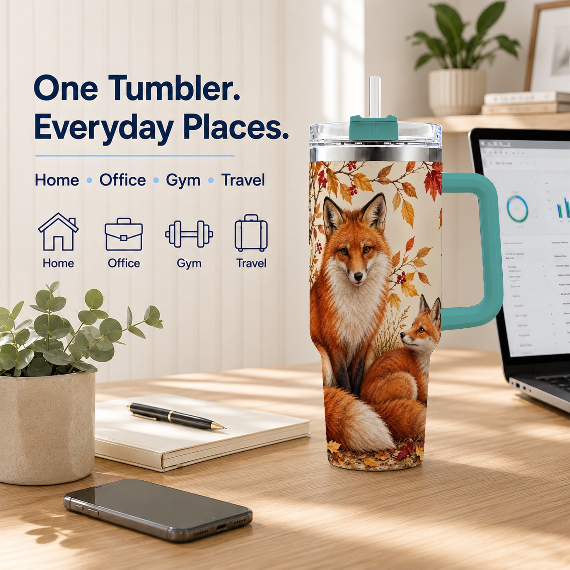 #pl[40oz|Green] Autumn Fox 40oz Tumbler, Woodland Tumbler, Stainless Steel Travel Cup