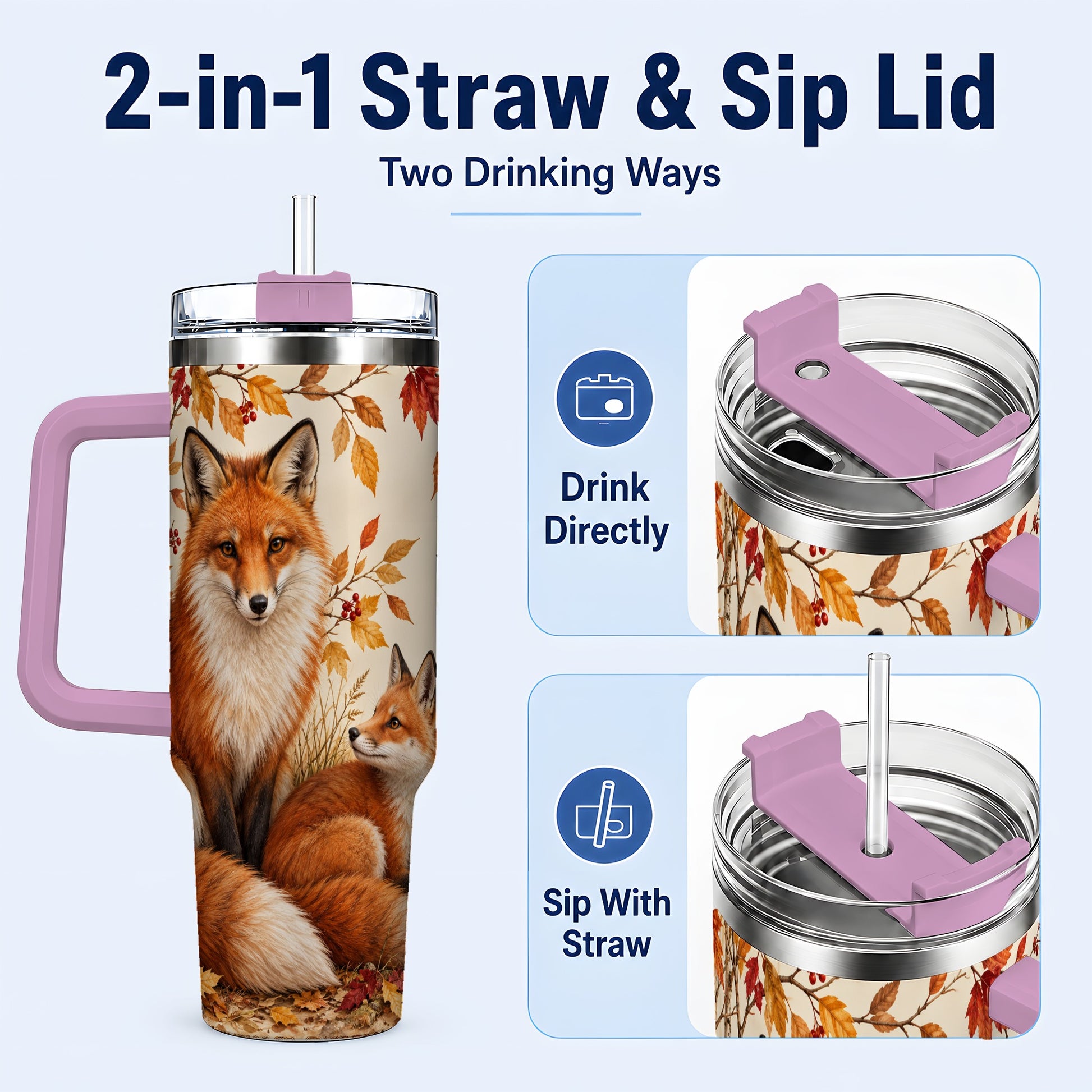 #pl[40oz|Pink] Autumn Fox 40oz Tumbler, Woodland Tumbler, Stainless Steel Travel Cup