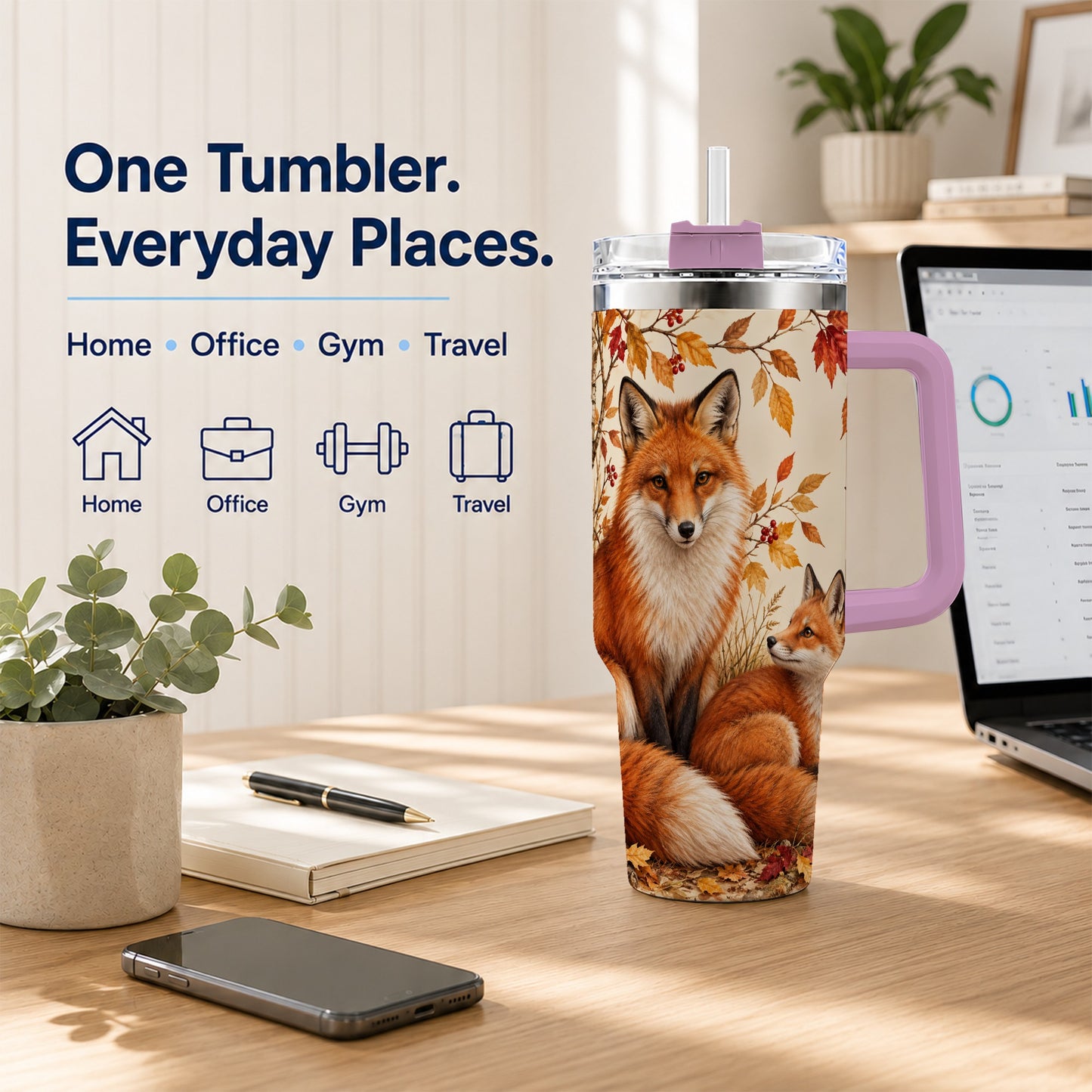 #pl[40oz|Pink] Autumn Fox 40oz Tumbler, Woodland Tumbler, Stainless Steel Travel Cup