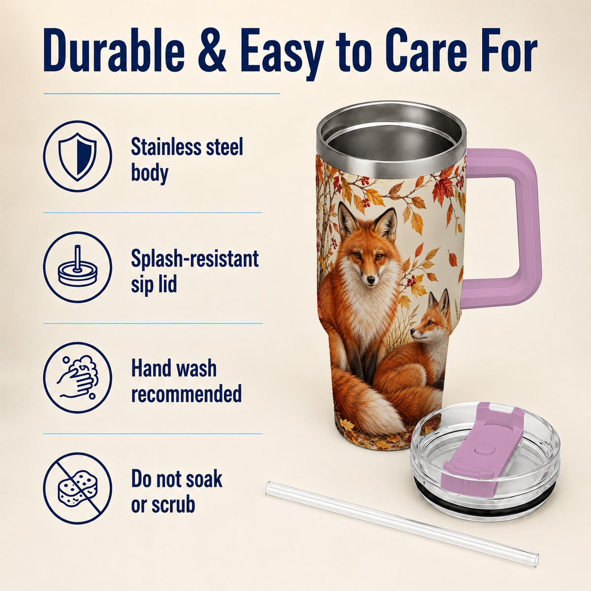 #pl[40oz|Pink] Autumn Fox 40oz Tumbler, Woodland Tumbler, Stainless Steel Travel Cup