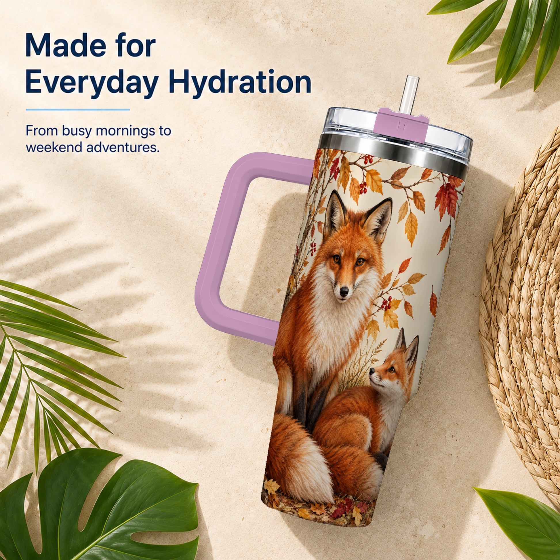 #pl[40oz|Pink] Autumn Fox 40oz Tumbler, Woodland Tumbler, Stainless Steel Travel Cup