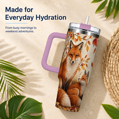 #pl[40oz|Pink] Autumn Fox 40oz Tumbler, Woodland Tumbler, Stainless Steel Travel Cup