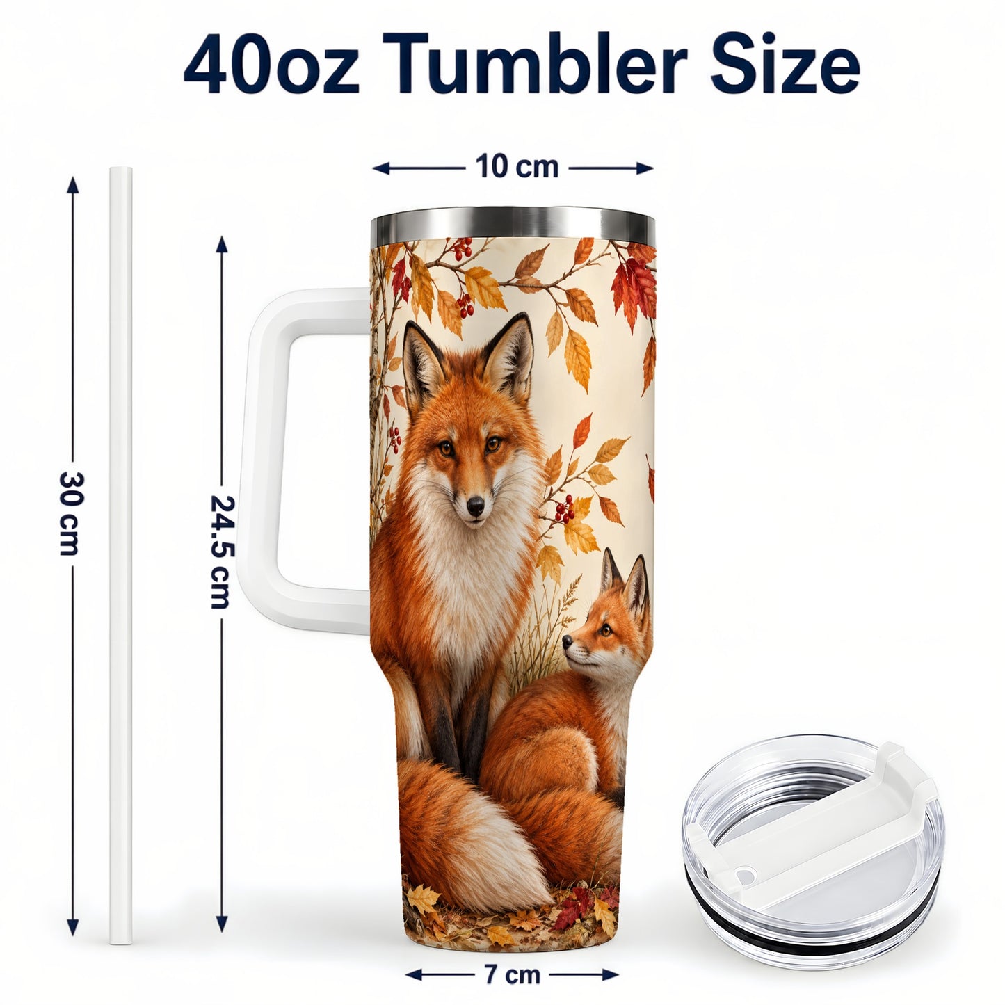 #pl[40oz|White] Autumn Fox 40oz Tumbler, Woodland Tumbler, Stainless Steel Travel Cup