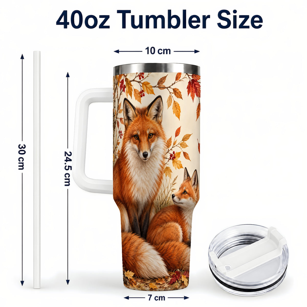 #pl[40oz|White] Autumn Fox 40oz Tumbler, Woodland Tumbler, Stainless Steel Travel Cup