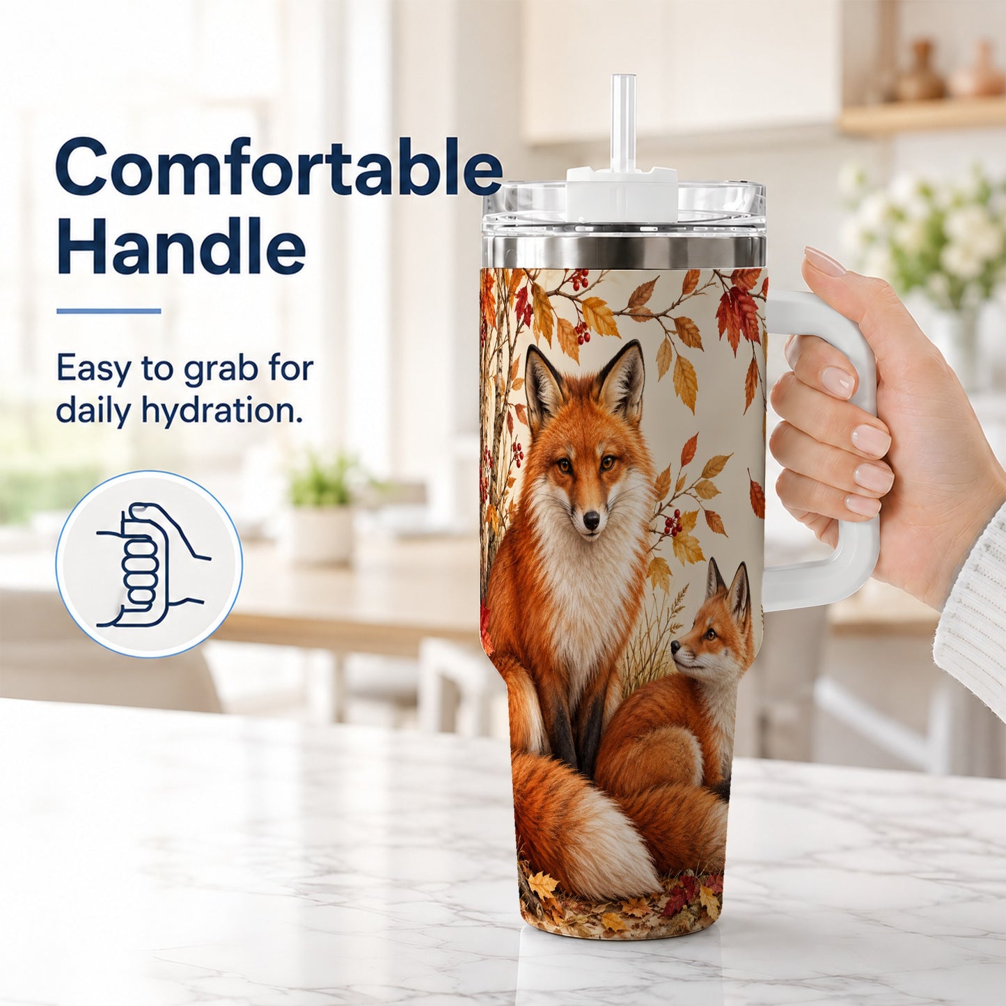 #pl[40oz|White] Autumn Fox 40oz Tumbler, Woodland Tumbler, Stainless Steel Travel Cup