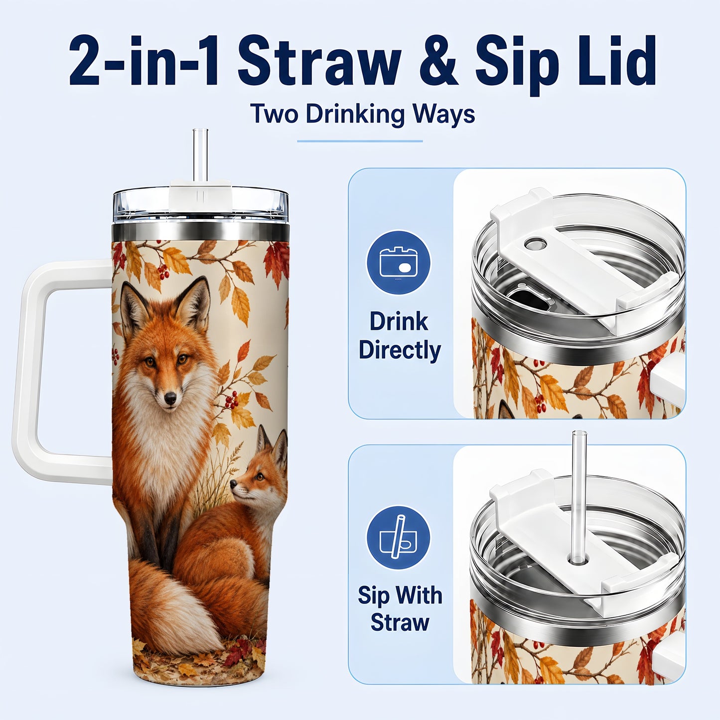 #pl[40oz|White] Autumn Fox 40oz Tumbler, Woodland Tumbler, Stainless Steel Travel Cup