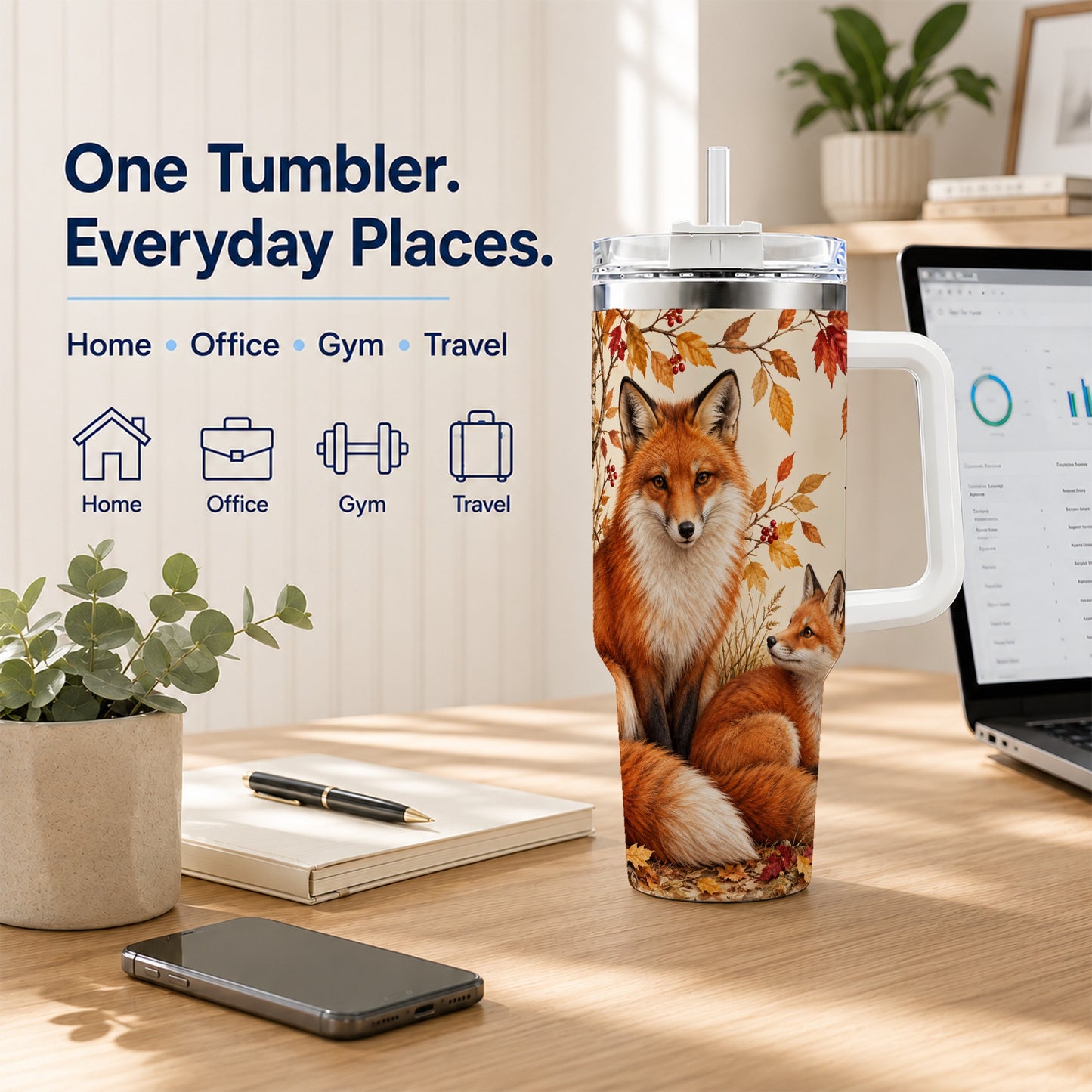 #pl[40oz|White] Autumn Fox 40oz Tumbler, Woodland Tumbler, Stainless Steel Travel Cup