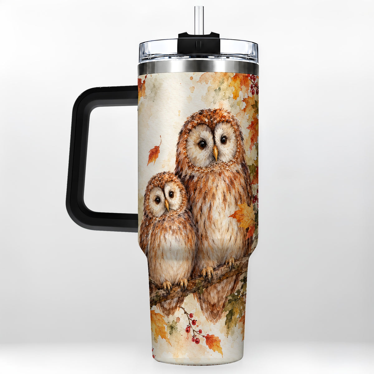 #pl[40oz|Black] Watercolor Owl 40oz Tumbler, Owl Tumbler, Stainless Steel Travel Cup