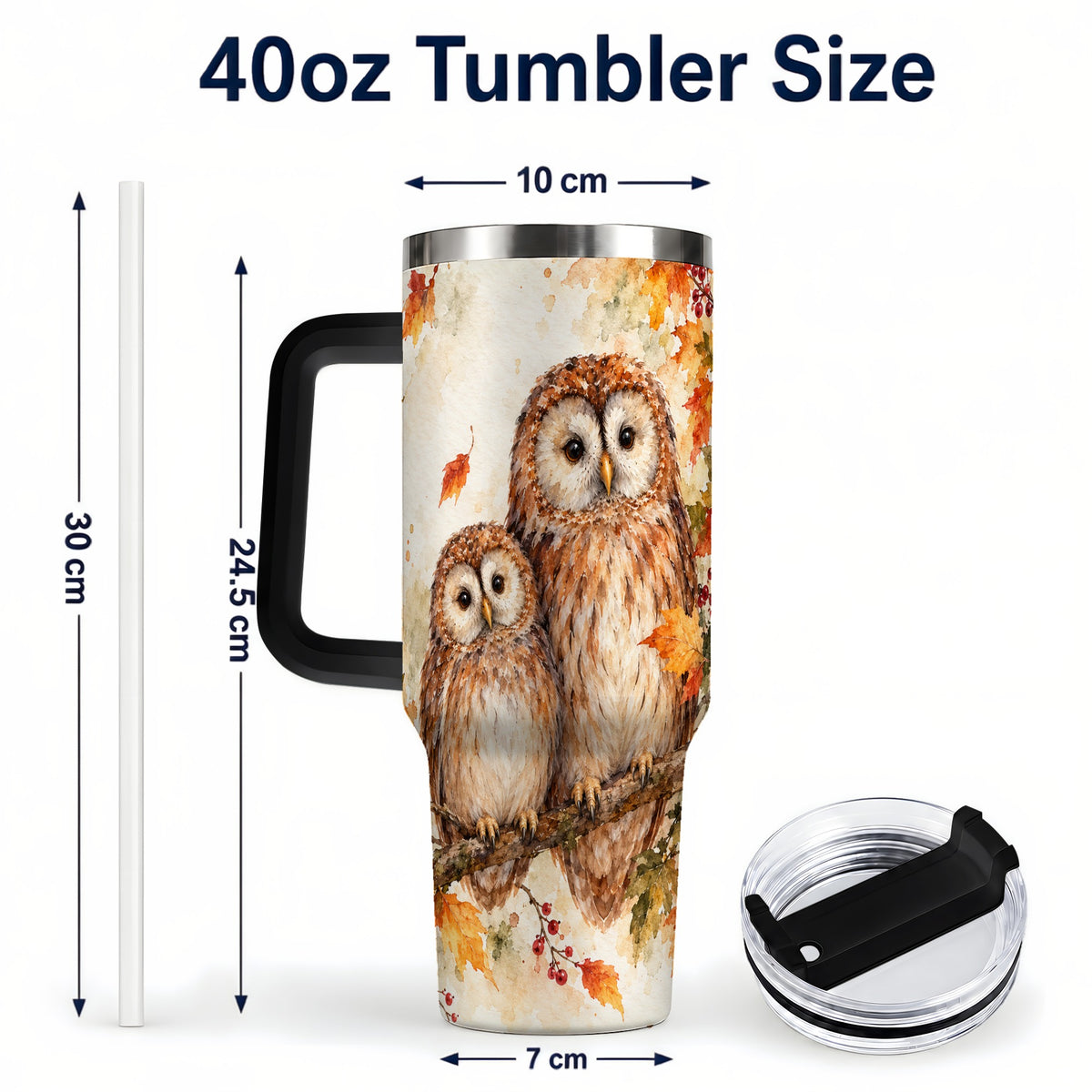 #pl[40oz|Black] Watercolor Owl 40oz Tumbler, Owl Tumbler, Stainless Steel Travel Cup
